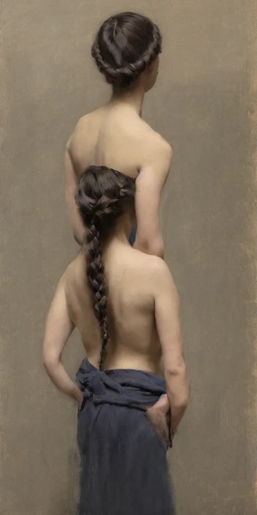 Prompt: girl with plaits, back view, by jeremy lipking, joseph todorovitch