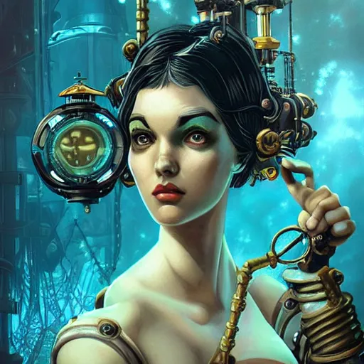 Image similar to lofi underwater bioshock steampunk biopunk portrait, Pixar style, by Tristan Eaton Stanley Artgerm and Tom Bagshaw.