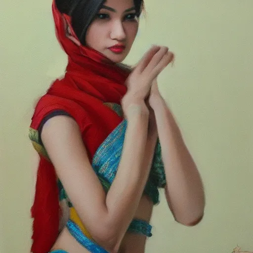 Prompt: fashion designing oil on canvas by Krenz Cushart of a beautiful cute girl wearing modern stylish costume in the style of Assamese bihu mekhela sador gamosa design, slim female figure, elegant glamourous cosplay, exotic, ornamental, intricate, sensual pose, medium shot, mid-shot, highly detailed, trending on Artstation, featured on pixiv, golden ratio, sharp focus, cinematic lighting