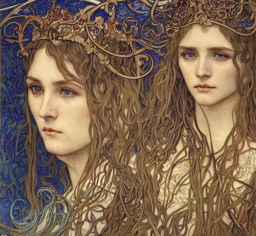 Image similar to detailed realistic beautiful young medieval queen face portrait by jean delville, alphonse mucha, vincent van gogh, and marco mazzoni, art nouveau, symbolist, visionary, gothic, pre - raphaelite