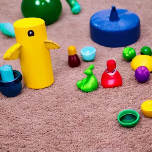 Image similar to photograph of various kid toys on the carpet, hyperrealism, photo realistic