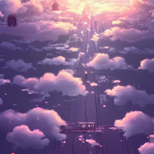 Prompt: a beautiful ultradetailed anime illustration，up to bottom is clouds，sea，railway，by makoto shinkai，anime wallpaper 4k，prismatic