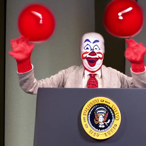 Image similar to string puppet of a president with clown makeup in a podium and a human shadow behind