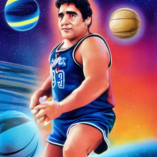 Prompt: a film poster of space jam with maradona, photorealistic film grain,