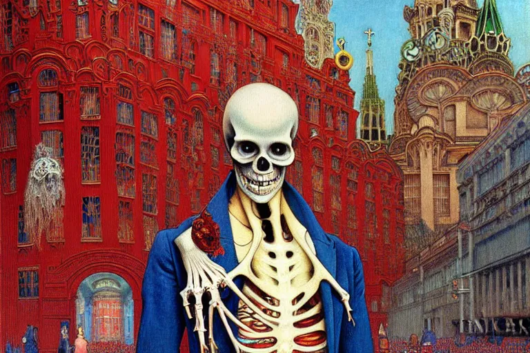 Image similar to realistic detailed closeup portrait painting of a single skeleton wearing red velvet blazer in a crowded futuristic moscow street by Jean Delville, Amano, Yves Tanguy, Alphonse Mucha, Ernst Haeckel, Edward Robert Hughes, Roger Dean, rich moody colours, blue eyes