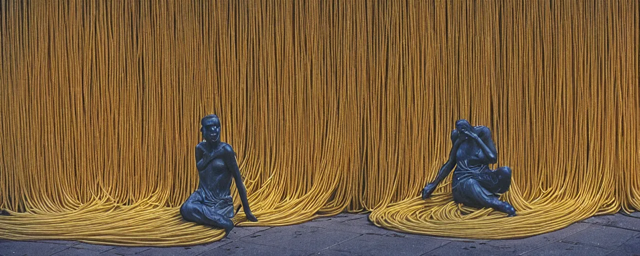 Prompt: ultra wide shot a statue of a person made of spaghetti on an empty european plaza, canon 5 0 mm, cinematic lighting, photography, retro, film, kodachrome, closeup