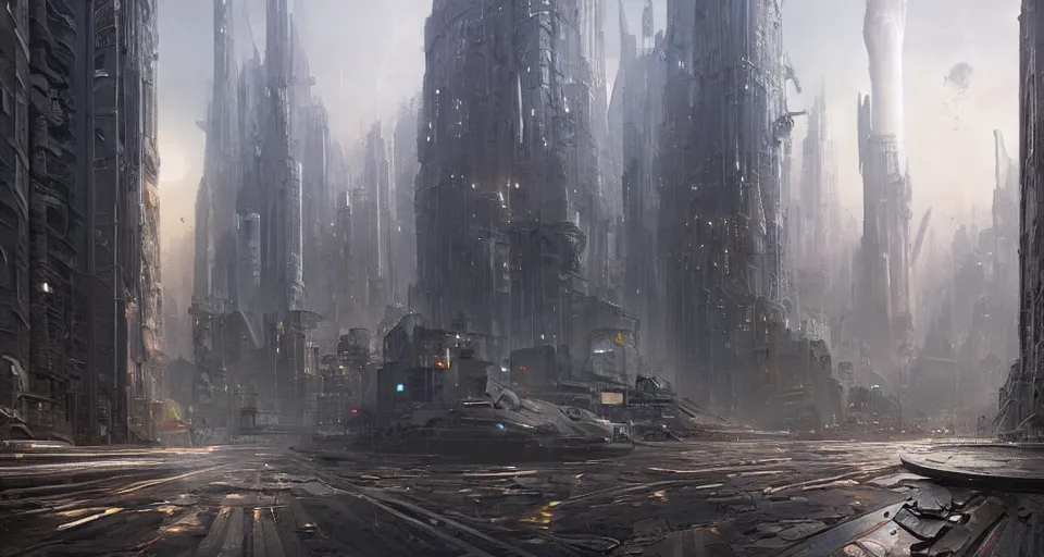 Image similar to hyper realistic sci - fi matte concept art painting of city made from giant stacks of disks, beautiful details, strong composition painted by kim jung guweta studio rutkowski, james gurney and greg rutkowski, and lucasfilm, smooth, intricate, detailed, sharp focus, cinematic