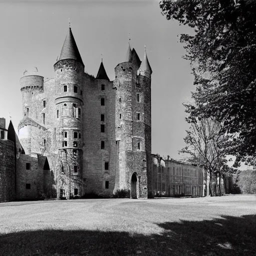 Image similar to an award winning photo by william christenberry of a majestic, highly detailed beautiful very tall castle in the middle of an empty city, light rays, rayleigh scattering