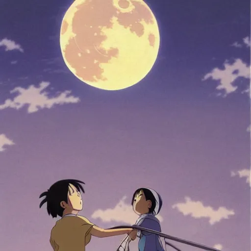 Image similar to looking at the moon, anime by Studio Ghibli, realistic, by Hayao Miyazaki