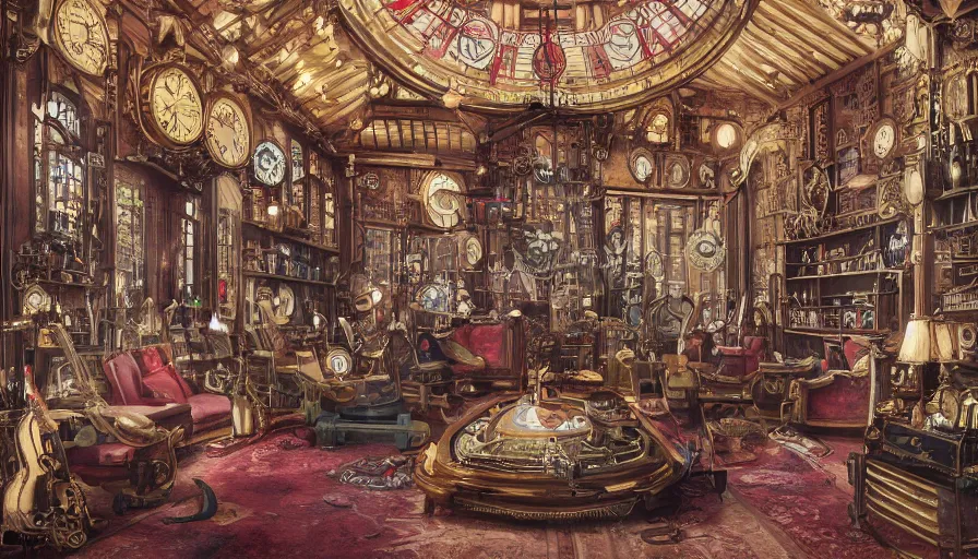 Prompt: coldplay in a circular common room full of antique clocks, high detail, steampunk, fantasy, mechanical, 4 k, trending on artstation