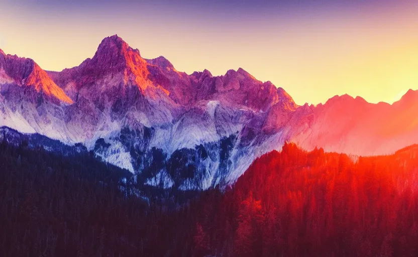 Image similar to beautiful mountain landscape, vaporwave, sunset, professional photography