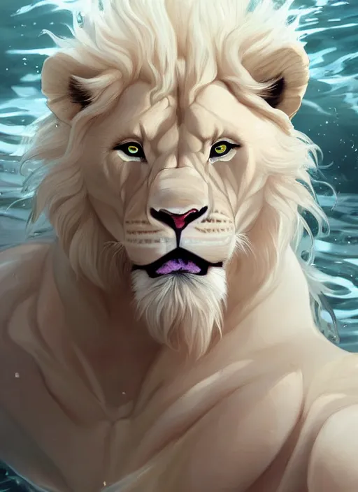 Image similar to award winning beautiful portrait commission of a muscular male furry anthro albino lion drowning underwater while wearing white silky flowy cloth with beautiful hyperdetailed face. Character design by charlie bowater, ross tran, and makoto shinkai, detailed, inked, western comic book art