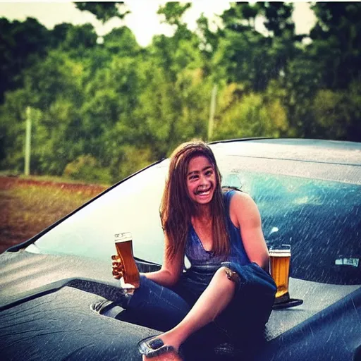 Image similar to “ barefoot girl sitting on the hood of a car drinking a beer in the summer rain ”