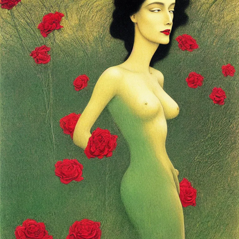 Prompt: !!!dream brunette woman standing in a green dress on a gold background, with black roses and red lips Anton Pic, Jean Delville, Amano, Yves Tanguy, Ernst Heckel, Edward Robert Hughes, Stanislaw Szukalski and Roger Dean photorealism