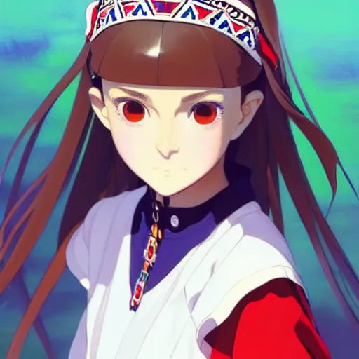 Image similar to a beautiful! boyish! natalie portman model, wearing catholic school girl outfit with mayan pattern and native style, aztec street fashion, guilty gear art direction, gapmoe yandere grimdark, trending on pixiv fanbox, painted by greg rutkowski makoto shinkai takashi takeuchi studio ghibli, akihiko yoshida