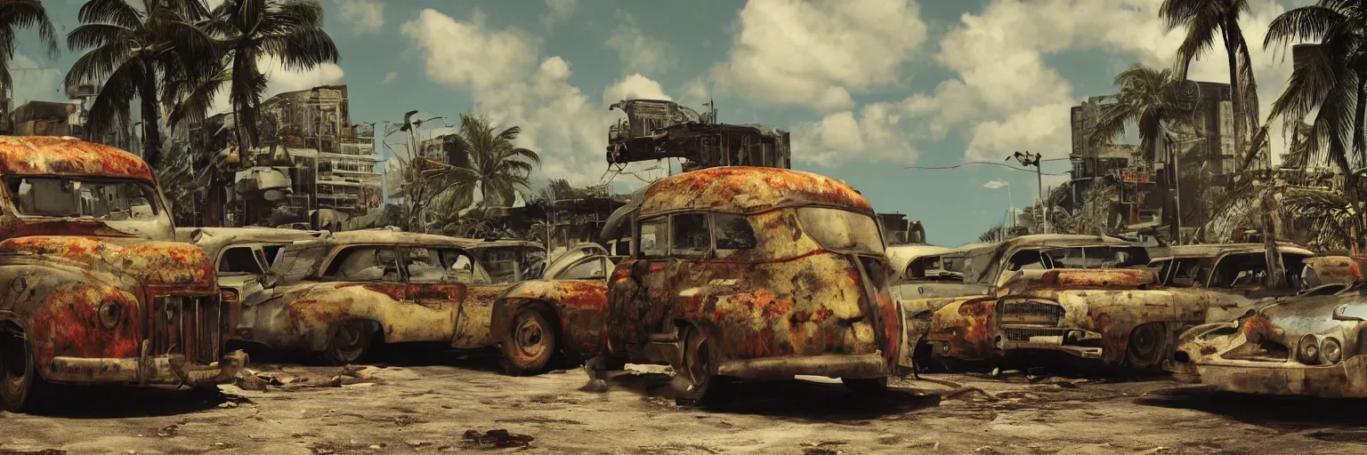 Image similar to fallout 5 : miami, outdoors ruined tropical city, rusted retro futuristic vintage styled parked vehicles like cars, buses, trucks, atmospheric lighting, painted, intricate, volumetric lighting, summer, sunny weather, few clouds, sharp focus, deep colours, ultra detailed, by leesha hannigan, ross tran, thierry doizon, kai carpenter, ignacio fernandez rios