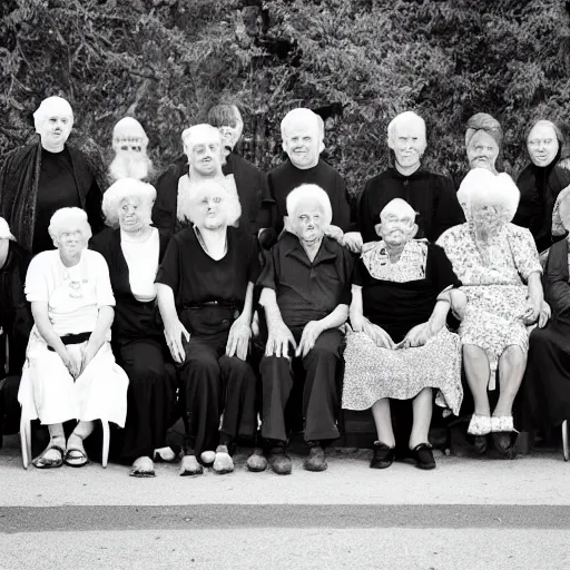 Prompt: an old age home for geriatric dark goths. photograph group portrait.