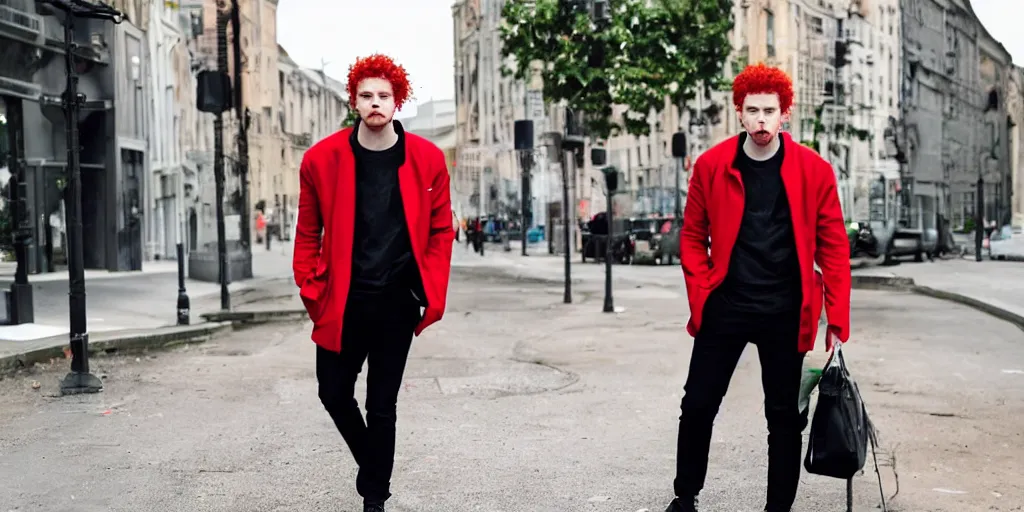 Image similar to man, man, man, man, red hair, black jacket, curly hair, fullbody, Caucasian, short hair,