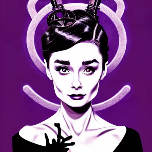 Image similar to in the style of joshua middleton, artgerm, beautiful audrey hepburn, steampunk, bioshock, purple and green top, elegant pose, middle shot, spooky, symmetrical face symmetrical eyes, three point lighting, detailed realistic eyes, short neck, insanely detailed and intricate elegant