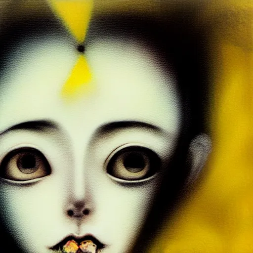 Image similar to yoshitaka amano blurred and dreamy realistic three quarter angle horror portrait of a sinister young woman with short hair and yellow eyes wearing office suit with tie, junji ito abstract patterns in the background, satoshi kon anime, noisy film grain effect, highly detailed, renaissance oil painting, weird portrait angle, blurred lost edges