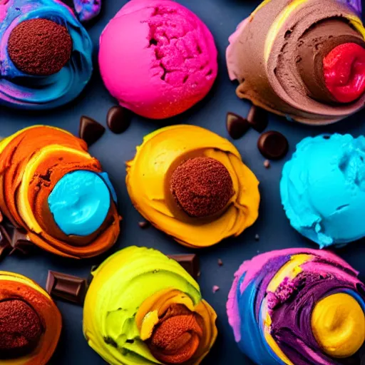 Image similar to colorful icecream, chocolate, icing, sweet, topping, very detailed, food photography, 4 k