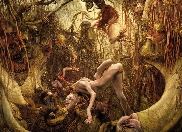 Image similar to jim henson's labyrinth. land of yore. the fairies in the bog of eternal stench flicker with pale fire like willo'- the - wisps. edgar maxence and caravaggio and michael whelan and delacroix style, artistic, intricate painting, cinematic lighting, hyper realistic, extremely detailed, vivid colors, establishing shot, dramatic lighting