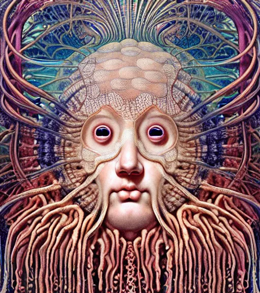 Image similar to hyperrealistic detailed underwater face portrait of the beautiful god of the jellyfish with an intricate headgear of corals, sea kelp, sea plants, fish, starfish, jellyfish, art by ernst haeckel, james jean, john william godward, gothic, neo - gothic, ornamental, beautiful deep colours,