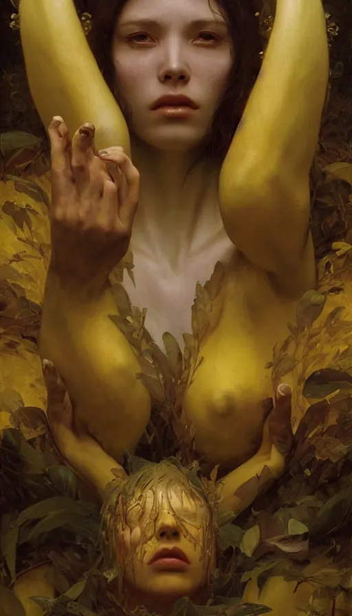 Image similar to epic masterpiece torment, drama, sweaty skin, hyperrealistic, octane render, cinematic, beautiful face and flawless skin, perfect hands, 5 fingers, yellow by Edgar Maxence and Ross Tran and Michael Whelan, Legends of Runeterra