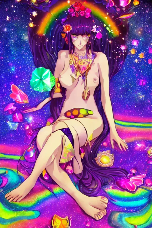 Image similar to psychedelic, whimsical, anime, 4k, beautiful seductive woman with fox ears smoking weed, with professional makeup, long trippy hair, a crystal and flower dress, sitting on a reflective pool, surrounded by gems, underneath the stars, rainbow fireflies, trending on patreon, deviantart, twitter, artstation, volumetric lighting, heavy contrast, art style of Greg Rutkowski and Victoria gavrilenko and Ross Tran