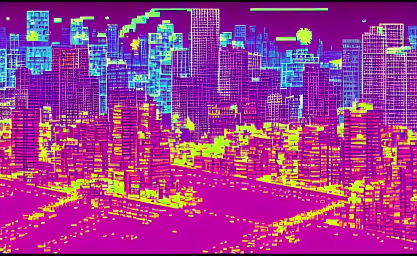 Image similar to beautiful synthwave city pixel art