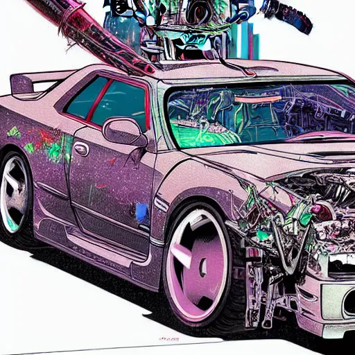 Image similar to beautiful hyper-detailed full colour manga illustration of an evil robot with a sword, slicing a Nissan skyline r34, cyberpunk, car wreck, neon