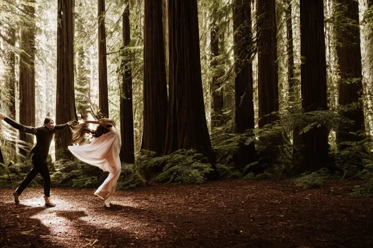 Image similar to cinematography closeup portrait of couple dancing in the redwood forest, thin flowing fabric, natural light by Emmanuel Lubezki