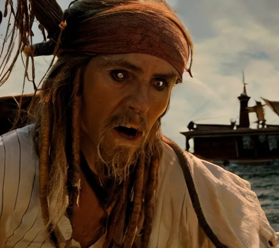 Image similar to still of davy jones playing basketball, pirates of the caribbean screenshot, movie still, photorealistic, cinematic lighting, daylight, deck of the ship, clean composition