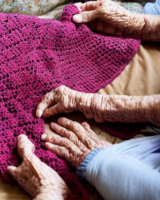 Image similar to a beautiful photograph of an elderly woman’s four hands as she’s crochets an Afghan, her four hands are highly realistic and accurate