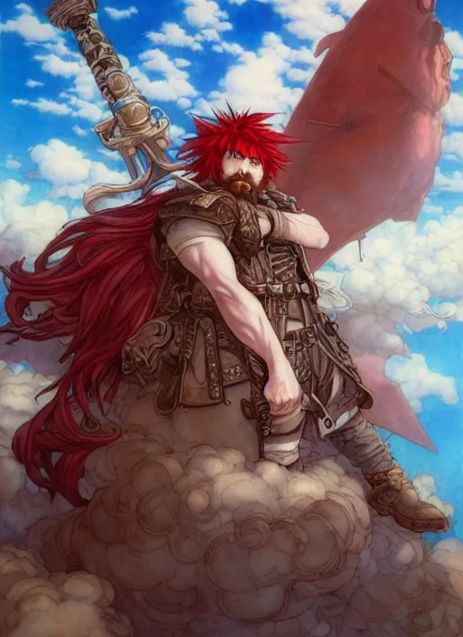 Image similar to prompt : ragnarok online portrait soft light painted by james jean and katsuhiro otomo and erik jones, inspired by akira anime, epic fantasy, a long red haired, red bearded male sky - pirate standing in front of an airship, intricate oil painting, high detail illustration, sharp high detail, manga and anime 1 9 9 9