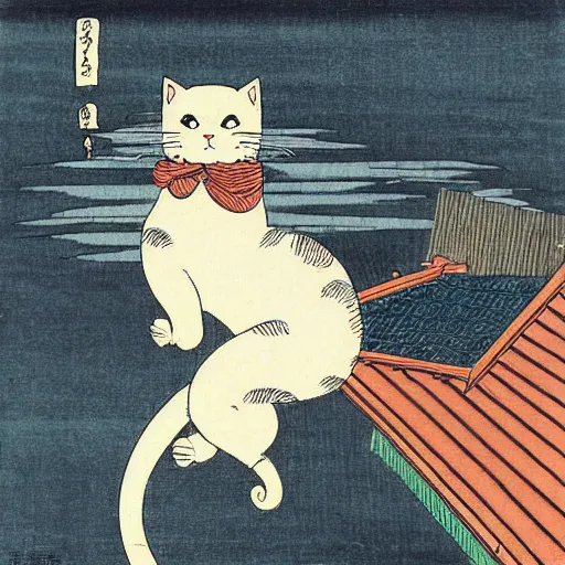 Prompt: “ a cat on a hot tin roof, by hokusai ”