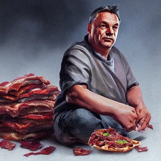 Image similar to viktor orban with detailed eyes, sitting on a large pile of bacon by greg rutkowski