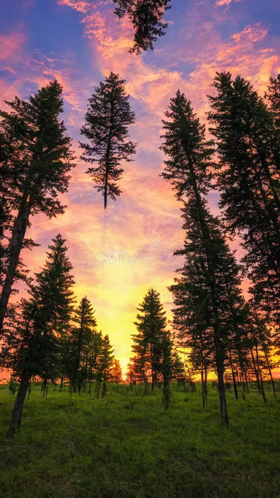 Prompt: beautiful sunset with tons of aligned trees, epic stock photo