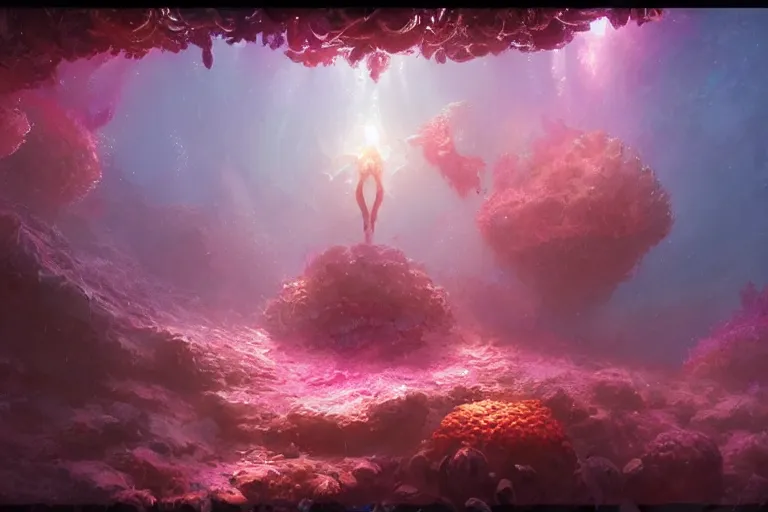 Image similar to beautiful coral crystals, distinct pink orange purple colors, underwater crystal caverns, concept art, beautiful lights, d & d, fantasy, highly detailed, masterpiece, volumetric lighting, digital painting, artstation, smooth, sharp focus, illustration, art by artgerm, by greg rutkowski