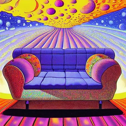 Image similar to psychedelic trippy couch in space, planets, milky way, sofa, cartoon by rob gonsalves