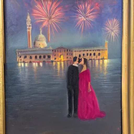 Image similar to an oil painting of couple kissing, in a background fireworks in venice