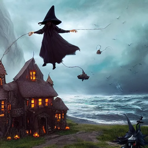 Prompt: a scary witch on a broom in front of a witch house which is made out of candy, floating on the ocean, epic scene, fantasy, cinematic, hyper - detailed, in the style of greg rutkowski