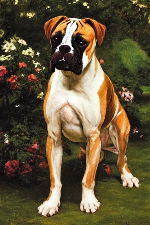 Prompt: painting of a boxer dog, golden hour, in a garden, artstation, by J. C. Leyendecker and Peter Paul Rubens,