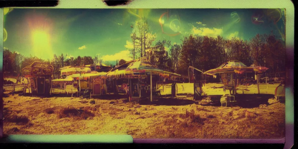 Image similar to polaroid photo of abandoned carnival terrain, vintage colors, lens flare