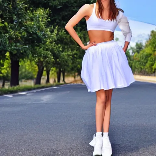 Prompt: 2 0 years old skinny gabriella papadakis, neck wrinkles, wearing white skirt, blueshirt and white panty hose