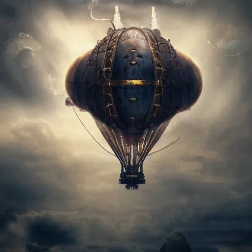 Prompt: a steampunk airship flying over a magical dark landscape, antique, ornate, beautiful clouds, translucent, illuminated from behind, adventurous, matte painting