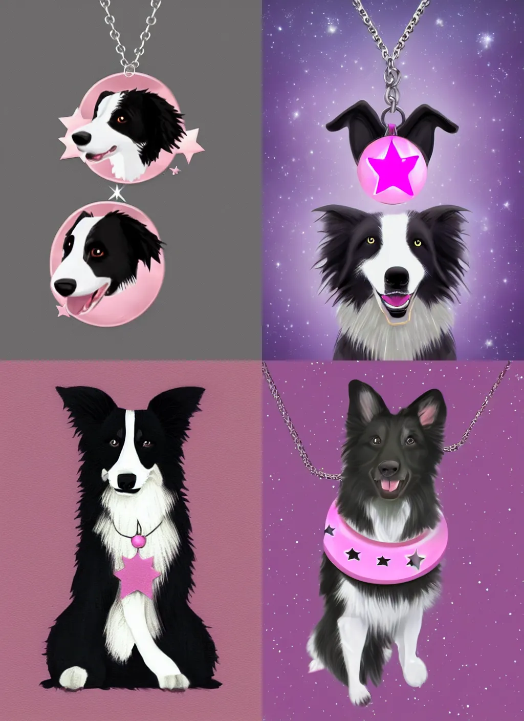 Prompt: a happy border collie dog in outer space wearing a pink star necklace, trending on artstation