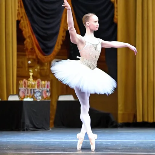 Image similar to Vladimir Putin dressed as a ballerina on a stage, the public laughs of him,