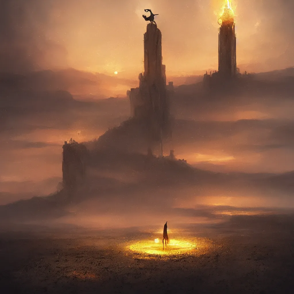 Prompt: lake filed with molten gold, volume lighting, cat on for ground and tower on back ground concept art, by greg rutkowski