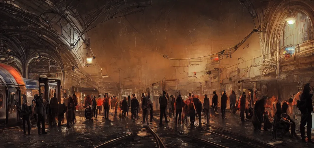 Prompt: some people waiting in train station in qiet dark city, hyper detailed, orange red blue tones dramatic lighting, cgsociety, realistic, hyper detailed, insane details, intricate, dramatic lighting, hypermaximalist, golden ratio, rule of thirds, octane render, weta digital, micro details, ultra wide angle, artstation trending, 8 k,